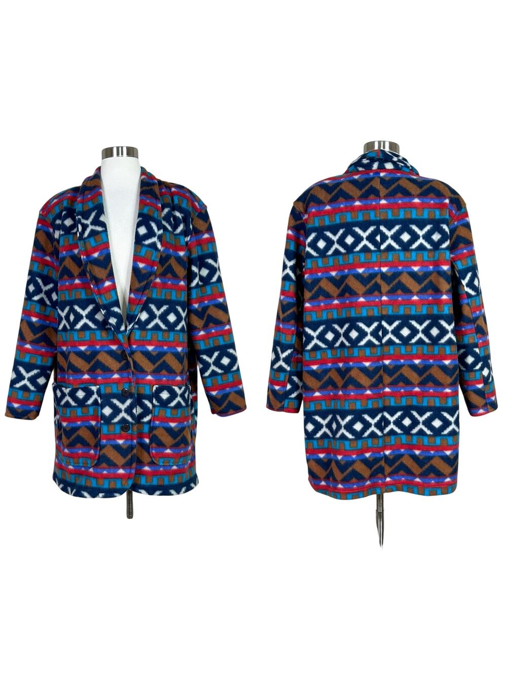 Vintage | 90s Rock Creek Fleece Boho Tribal Najavo Print Red Blue Coat Jacket 18